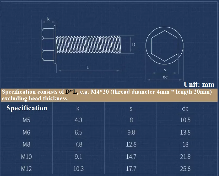 Brida de acero inoxidable 304, Perno de seis ángulos con brida Hexagonal, cara exterior, M5, M4, M6, M8, M10, M12, A2-70