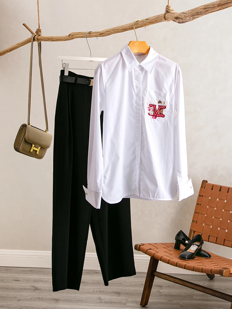 

YongLeap Early Spring New Loose Fit Embroidered White irt Collar ket Versatile Commute Sle Cotton Pure Color