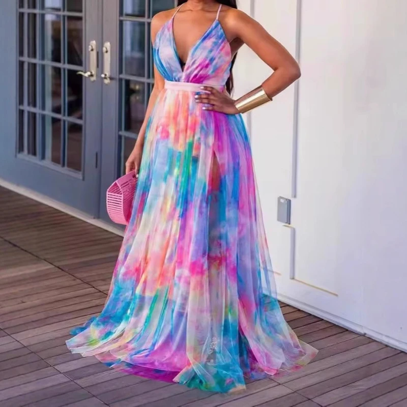 

Women Sexy Dress Tie-dye Print Big Swing Mesh Party Summer Suspenders Female Elegant V Neck Backless Sleeveless Long Dresses