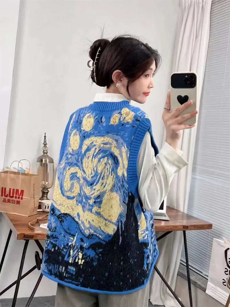 Gagarich Korean Fashion Style Retro Oil Painting Knitted Vest Loose Casual Top Round Neck Sleeveless Camisole Layer Sweater Tank