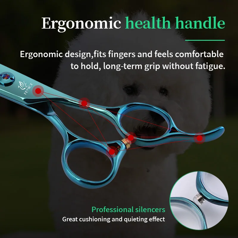 Fenice JP440C 7.0/7.5 inch Dark Green Pet Grooming Scissors Cutting Curved Chunker Fluffy Thinning Shears set For Dog Groomers