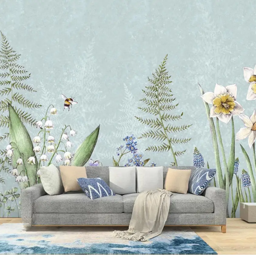 

Customized wallpaper French high-end painting countryside flowers and birds butterfly TV background wall decoration wallpaper