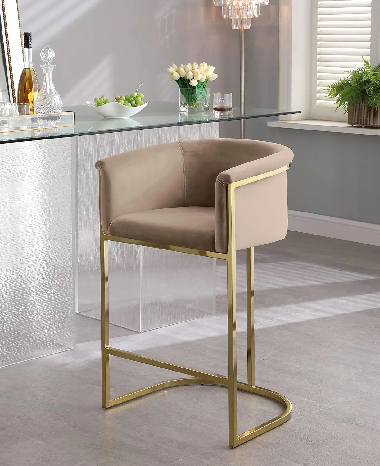 Meridian Furniture Donatella Collection Modern | Contemporary Velvet Upholstered Counter Height Stool With Durable Steel Base