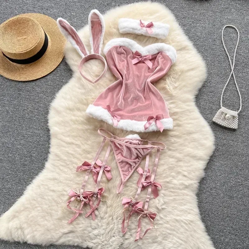 AA wat Sweet Bunny Christmas Women Nightgowns Soft Velvet Off Shoulder Cute Rabbit Dress Sexy Lingerie Fo2025 New