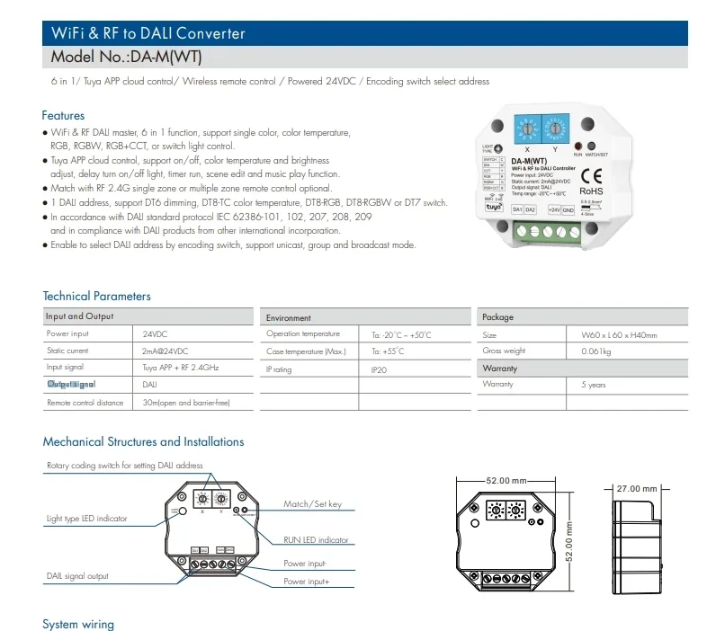 6 in1 DC24V konwerter WiFi i RF do DALI DA-M(WT) kontrola aplikacji Tuya do pojedynczy kolor CCT RGB RGBW RGB + CCT lub przełącznik światła