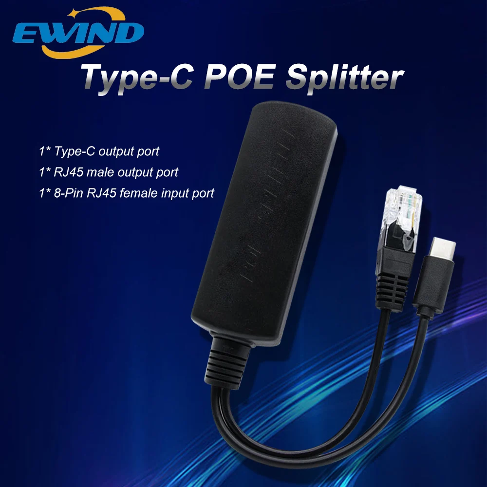 EWIND POE Splitter 10/100/1000Mbps Type-C IEEE802.3af DC44-57V To 5V 3A Power Supply for IP Camera Wireless AP or Non-POE Device