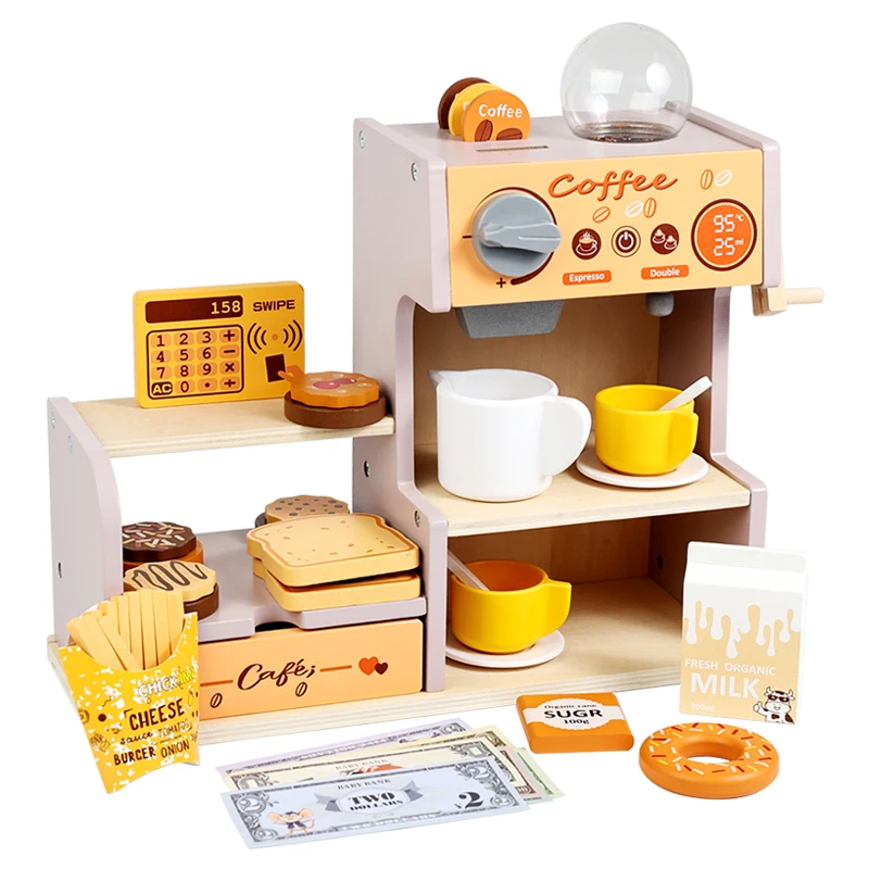 Custom Children's Wooden Simulation Role Play Coffee Shop Play Food Game Educational Pretend Kitchen Set Toys for Boys Girls