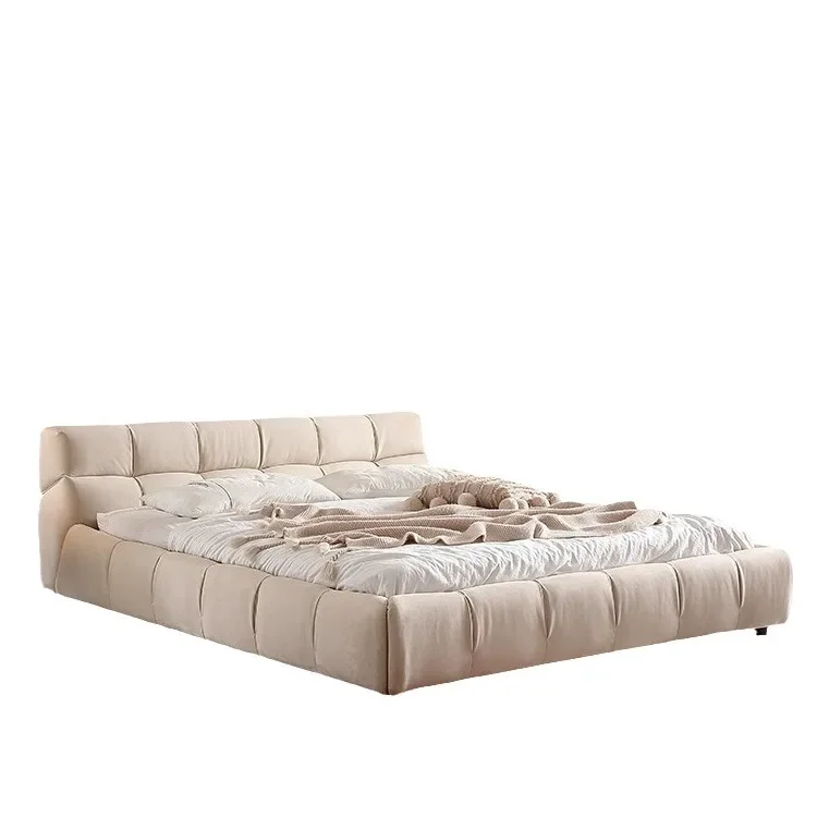 

Puff bed, Italian minimalist leather double master bedroom bed, cream wind bedroom floor leather art