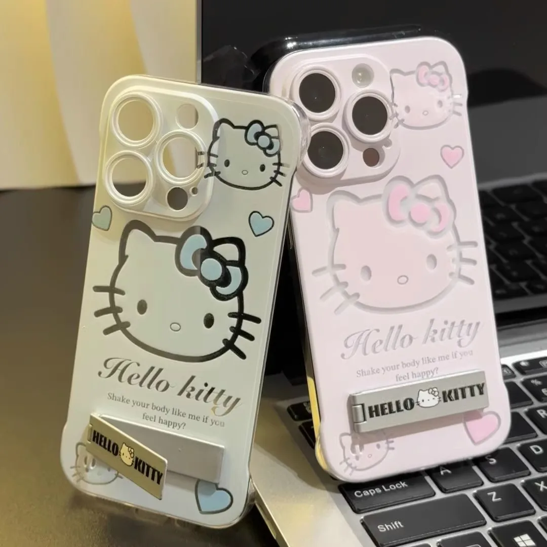 Mobile phone case Hello Kitty ultra-thin metal stand suitable for iPhone16 15 14 13 mobile phone case full lens frameless hard c