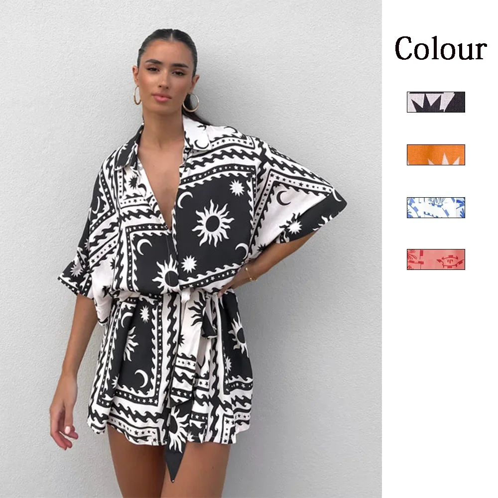 Summer New Women's Waist Strap Geometric Printing Sexy Jumpsuit Casual Daily Vacation Spring Shirt Lapel 2024 POLYESTER