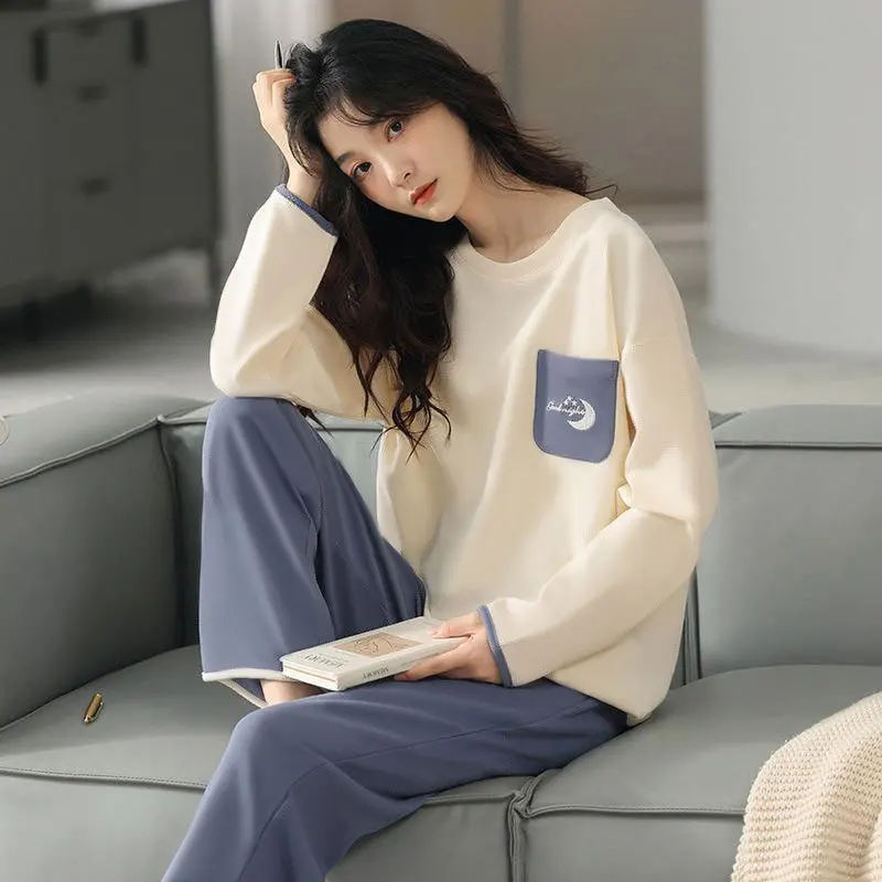 New Women\'s Spring Autumn Pajamas Loungewear Set Ladies Student Long Sleeves Trousers Simple Casual Luxury Loungewear Set