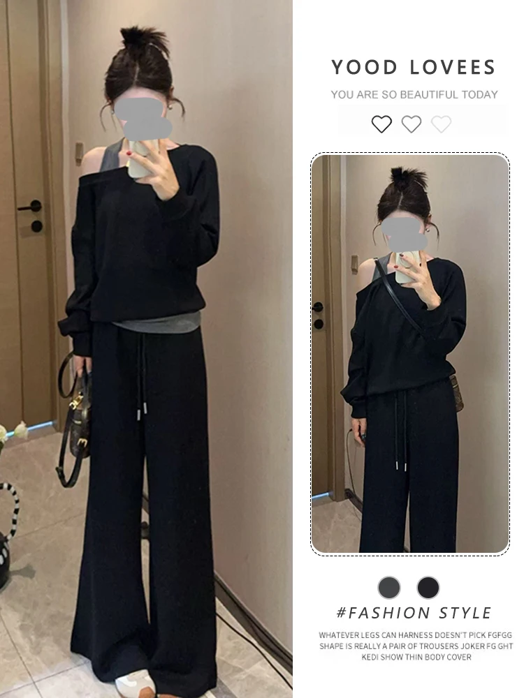 

Fashionable Shoulder-baring Sweatshirt And Casual Pants Set Women's Slimming Concealing Two-piece Ensemble Elegant Youthful