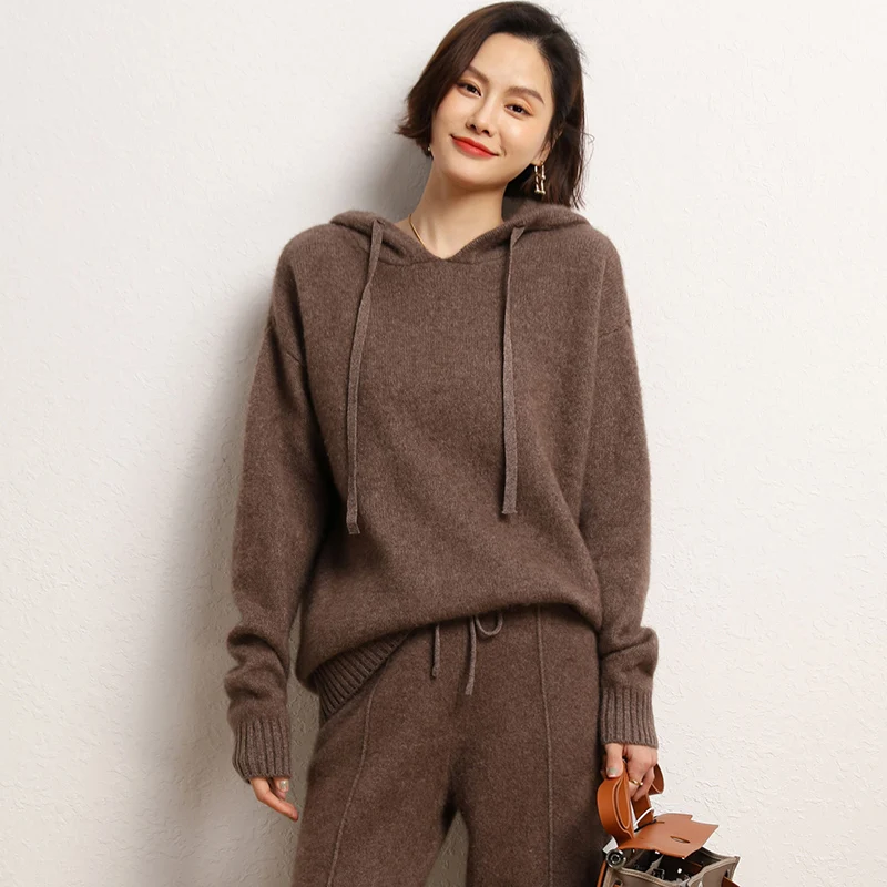 High-end 2022 Autumn/Winter Women\'s 100% Pure Cashmere Sweater Knitted Hooded Jumper Coat Lady\'s Thicken Pullovers Warm Tops