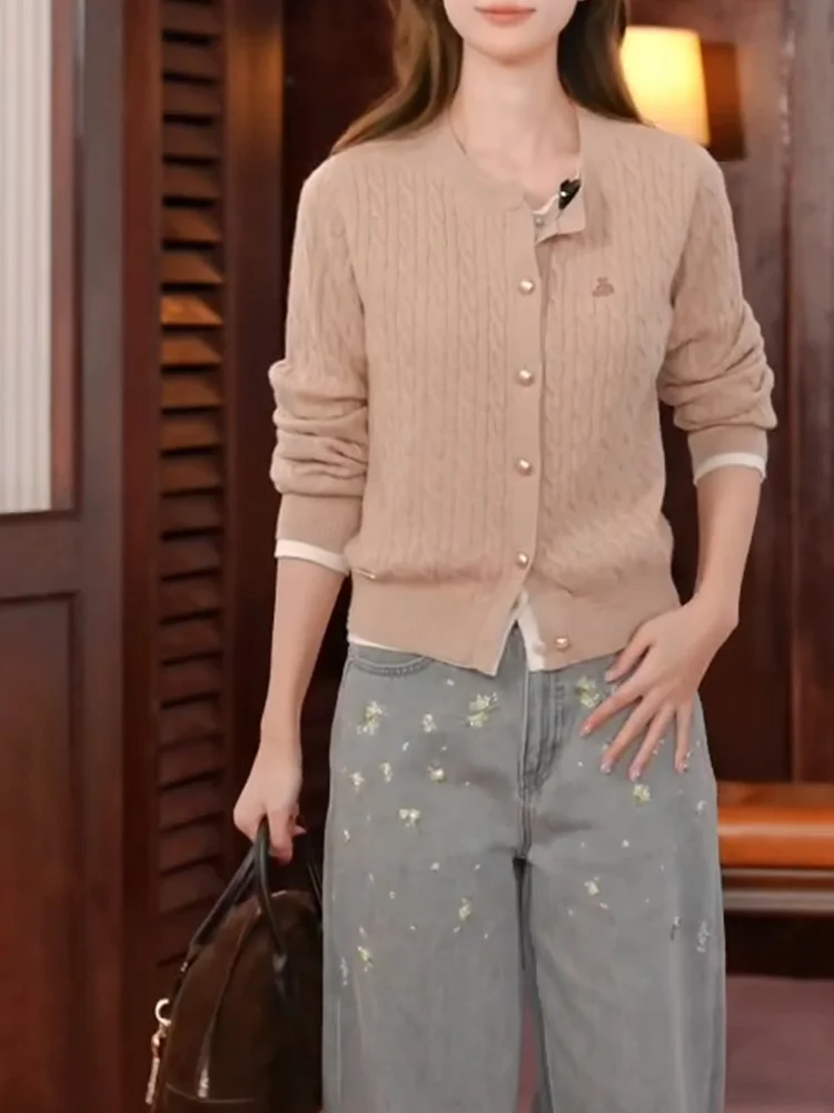 

Korean Style Khaki Twist Knitted Open Cardigan plus Size Fashionable Versatile Slimming Top for Women Autumn Winter New Arrival