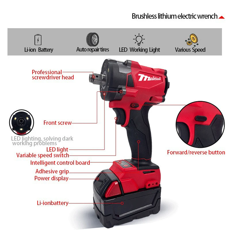 Brushless Cordless Electric Wrench 1/2 Car Truck Repair Screwdriver Impact Drill Rechargable for Milwaukee 18V Battery pin