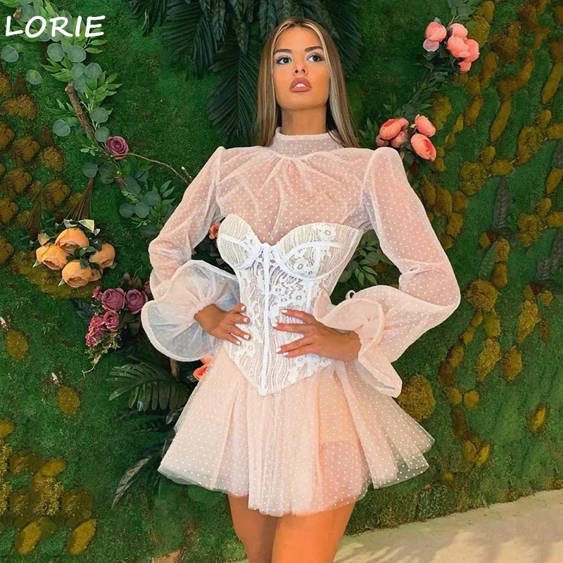 

LORIE A-Line Mini Wedding Dress Lace Applique Prom Gowns vestidos de novia Long Sleeveless Bride Formal Party Dress Customized