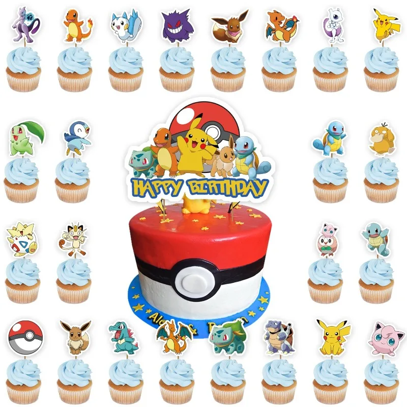

25pcs Pikachu Cartoon Cake Toppers Cupcake Topper for Kids Birthday Themed Party Decorations DIY Cupcake Accessories Supplies