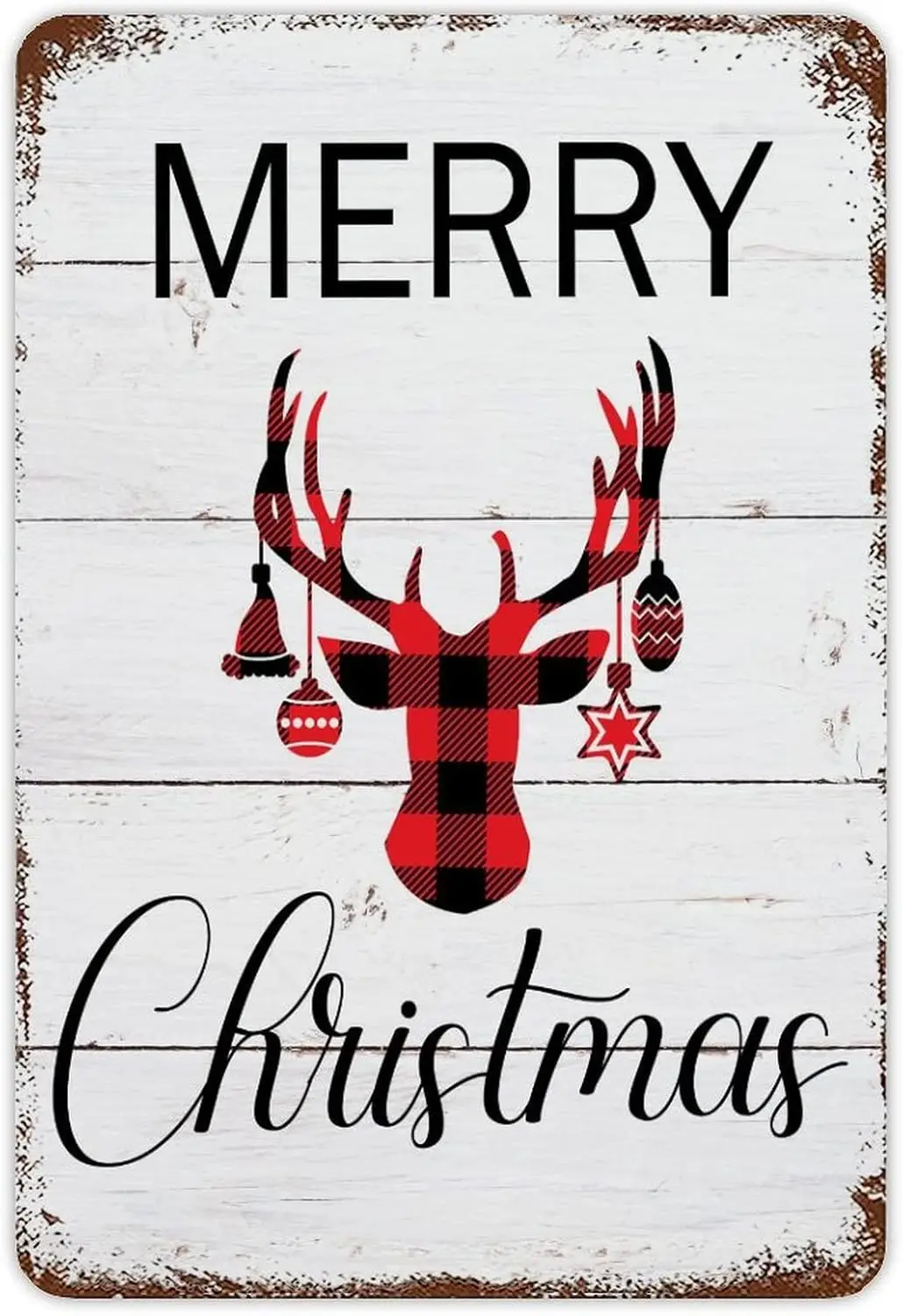 Merry Christmas Sign Red and Black Plaid Tin Sign Christmas Reindeer Head Metal Sign Antique Wood Grain Farmhouse Garden Parch H