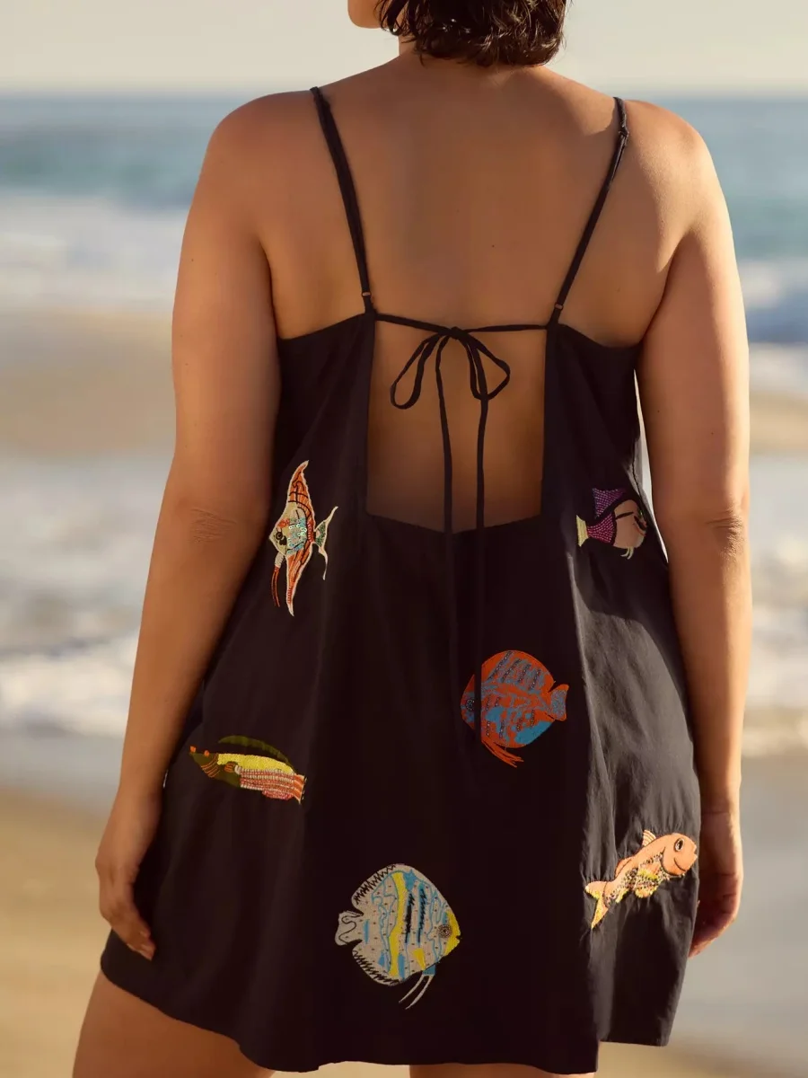 ผู้หญิง Sea Life ปักชุดมินิสปาเก็ตตี้พิมพ์สายสั้น Cami ชุดน่ารักพิมพ์สีสัน Beach Sundress