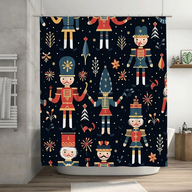 

Black Background Nutcracker Shower Curtain, Multi-colored Soldier Collection with Stars and Snowflakes for Magical Christmas