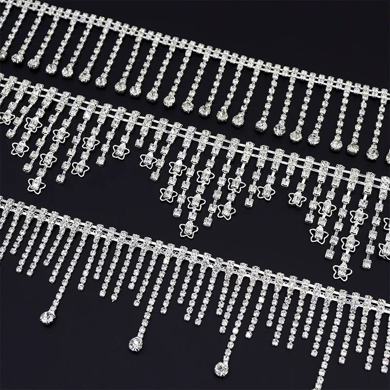 Rhinestone Fringe Trim Star Rhinestone Ribbon Long Tassel Diamond Crystal Chain for Sewing Craft Wedding Dress Jewelry DIY Decor