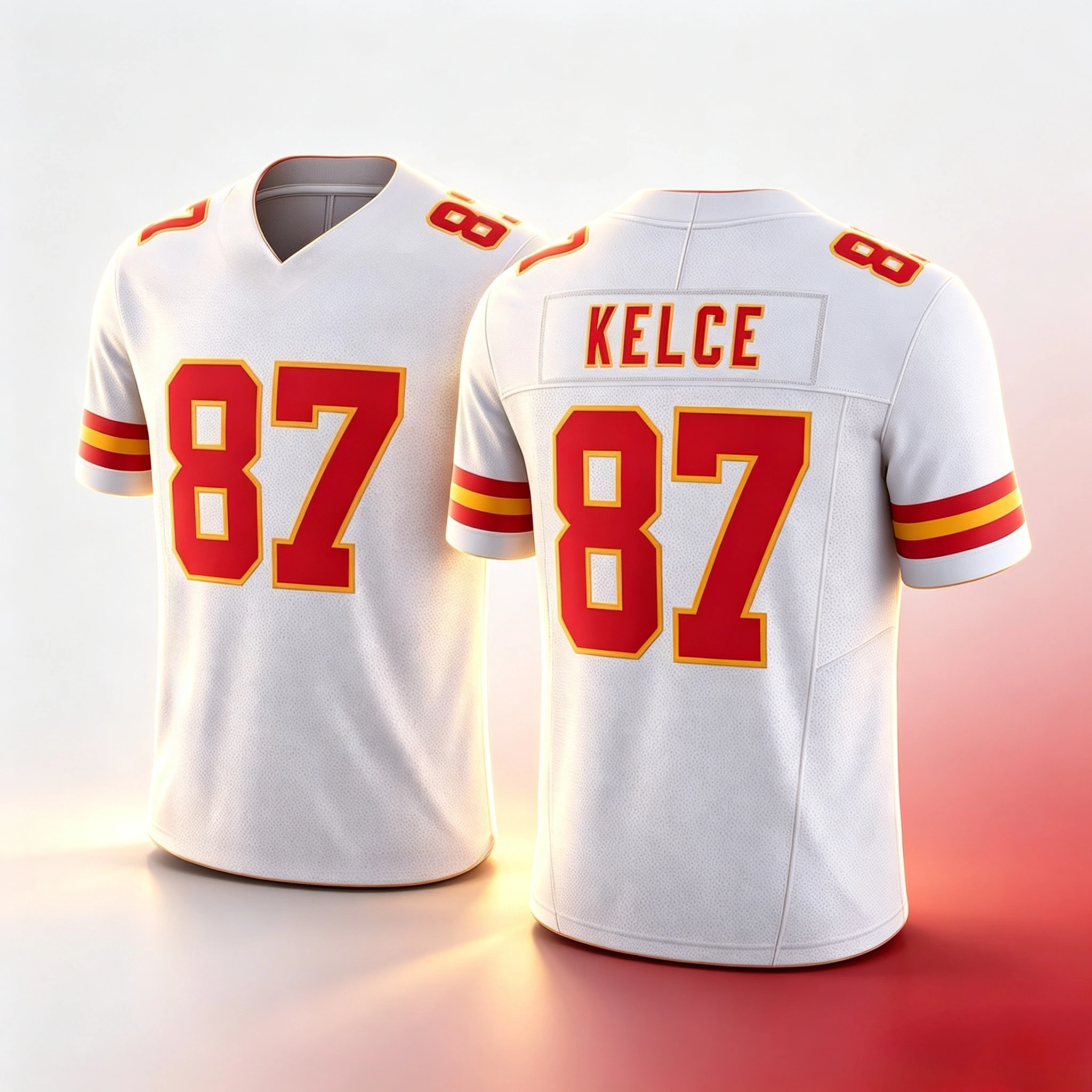 Men 87 Kansas City Red Home Football Jersey Number Striped Cuff V Neck Short Sleeve Kisd Sports Fan Jersey Family Matching