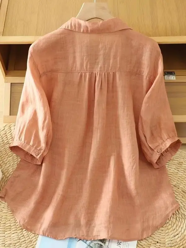 Summer Lightweight Flax Color Casual Versatile Turn-down Collar Open Cardigan High-end Cotton Linen Short Sleeve Shirt