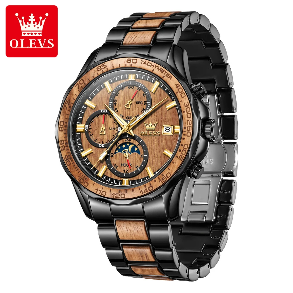 OLEVS 3750 Luxury Mens Quartz Watch Wooden Dial Stainless Steel Wood Strap Chronograph Moon Phase Waterproof Men Wrist Watch