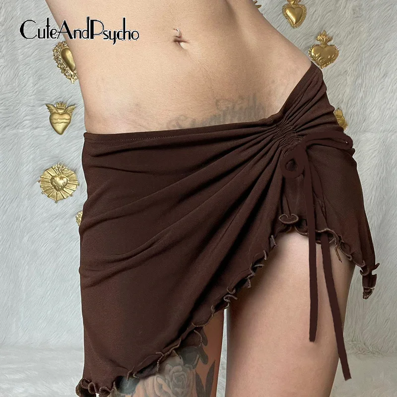 

Cuteandpsycho Sexy Asymmetrical Y2K Shirring Skirts Korean Drawstring Ruched Cute Mini Aesthetic Vintage Brown Strench Skirts