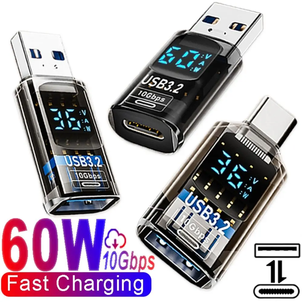1 PCS Digital LED Display USB 3.2 Adapter 36-60W Data Transmission Power Meter Tester 10Gbps Smart Chip Laptop Type-C Converter