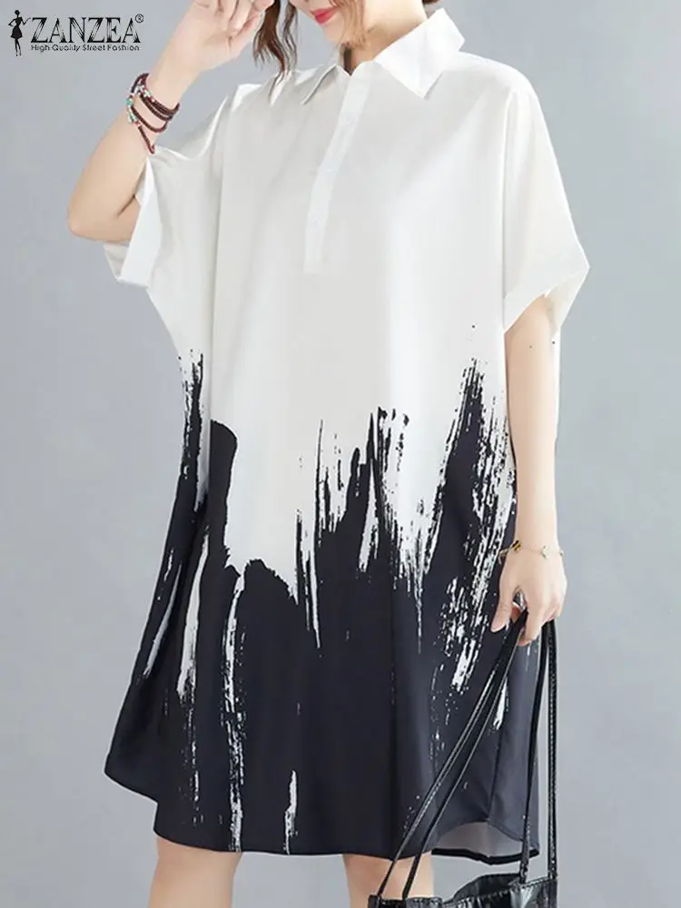 

ZANZEA Turn-Down Collar Button Up Knee-length Dress Printed Oversize Fashion Women Shirtdress Short Sleeve 2024 Summer Sundress