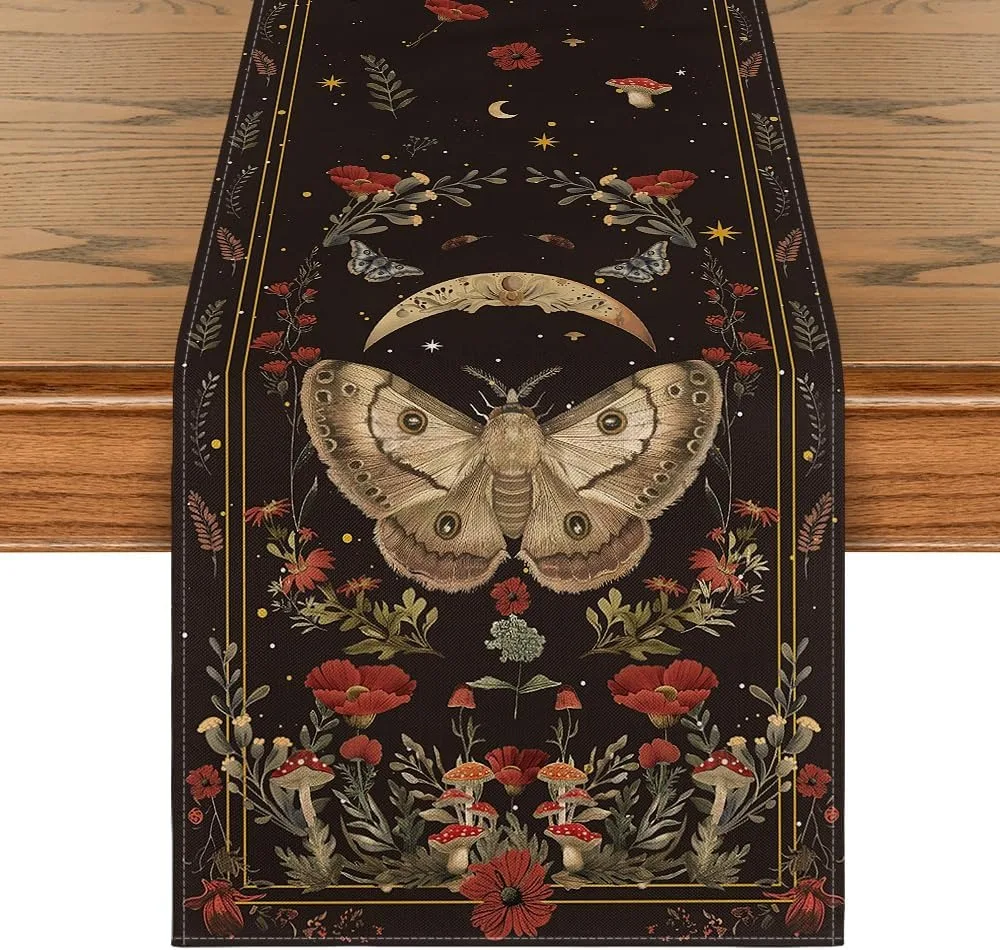 Autumn Themed Moth Mushroom Moon Table Runner for Kitchen Dining Table Seasonal Home Party Decor Fall Decoration