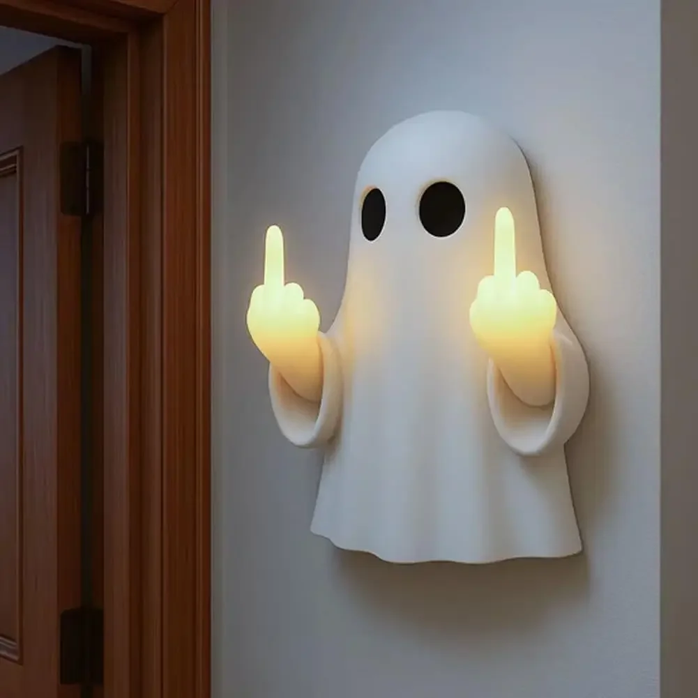 Halloween Ghost Middle Finger Glowing Night Light – Resin Spooky Desk Lamp for Porch, Bedroom, Balcony, Holiday Decor