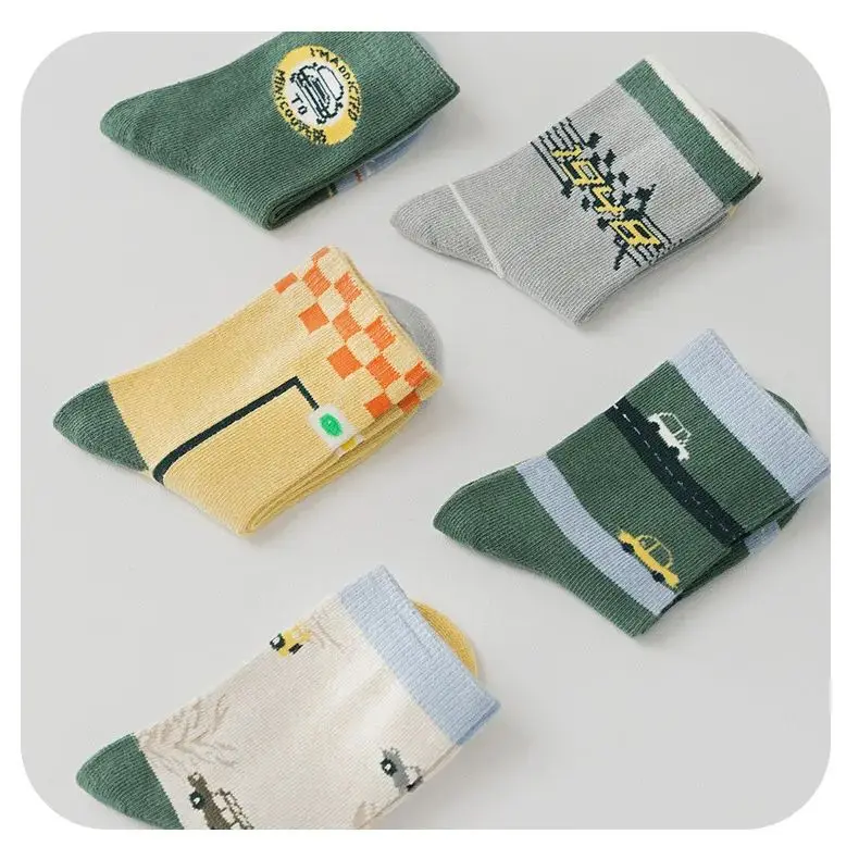 5 Pairs Baby Socks Cute Racing Car Socks Boys Mid -calf Socks Kids Autumn Winter Cotton Socks 5packs