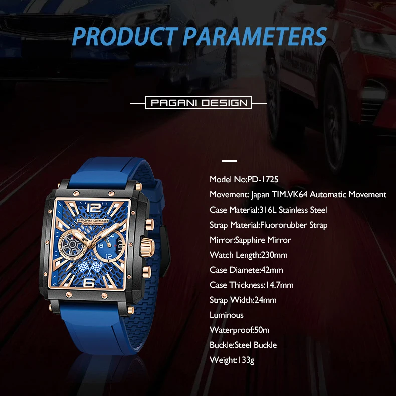 PAGANI DESIGN Mens Luxury Watches 42MM Rectangle Watch Quartz Wristwatch Multifunction Sapphire 50M Waterproof Skeleton Racing