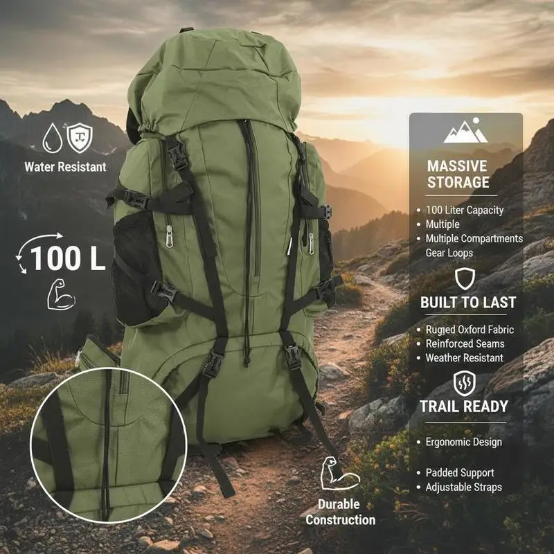 Green Army 100l Wanderrucksack aus Oxford-Stoff, strapazierfähig, großes Fassungsvermögen, Camping, Reisen, Bergsteigen, Rucksack für Männer und Frauen