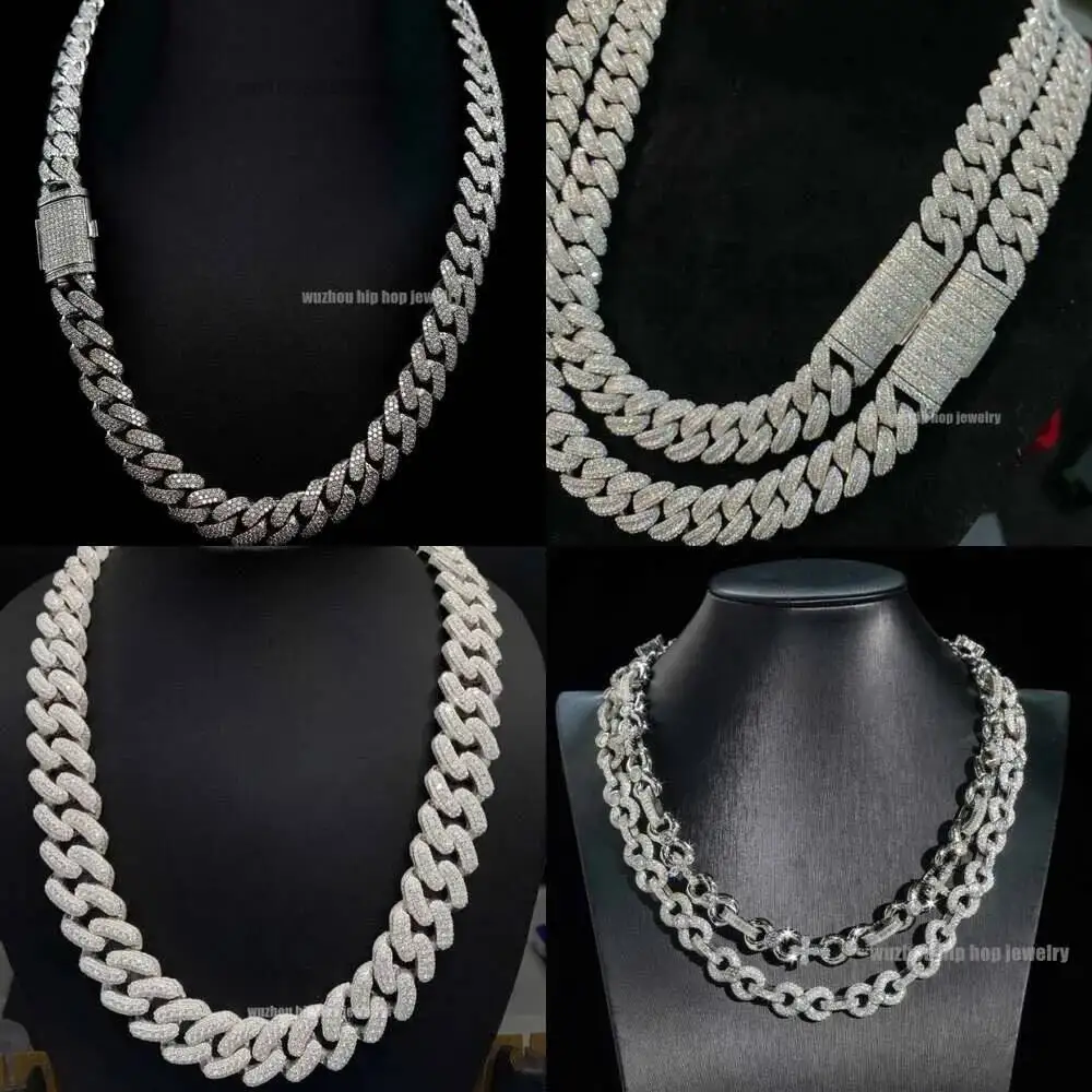 Luxury Vs1 Quality Moissanite Cuban Chain Solid 925 Silver 19mm 3 Rows Excellent Round Cut Brilliant Diamond Moissanite Cuban Ne