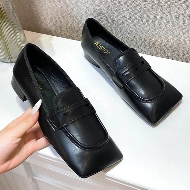 Women's Shoes Fashion Black Square Toe Leather Shoes Designer Loafers for Women New Comfortable Elegant Casual Shoes Women Shoe 2