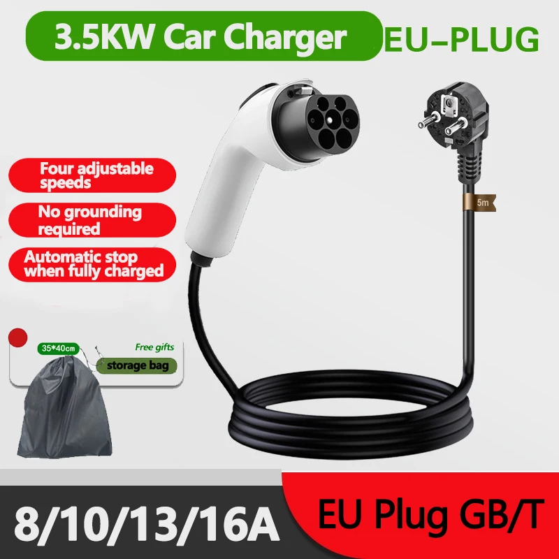 3.5KW 16A GB T EV Portable Charger 3/5M Cable EVSE EU Plug Wall Box Adapter for Electric Vehicle
