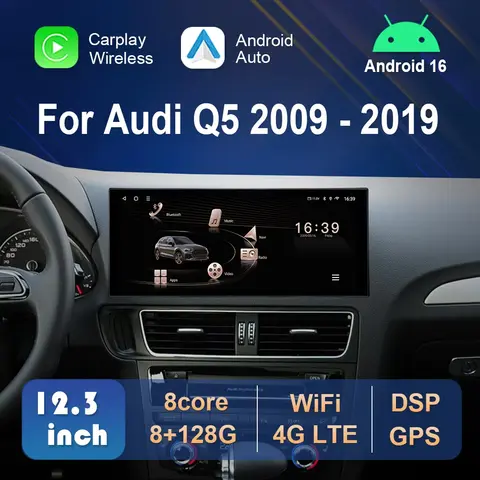 Lecteur multimédia vidéo de voiture Android 16 avec écran QLED pour Audi Q5 2009 - 2019, CarPlay sans fil, écran tactile HD, navigation GPS