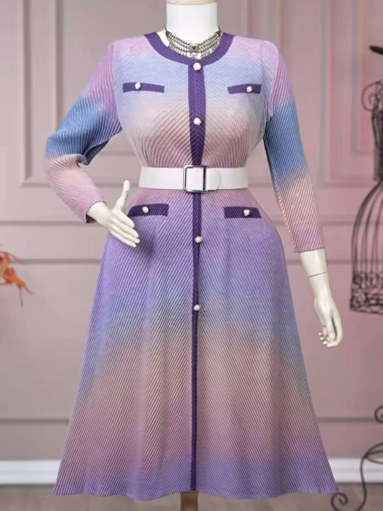 Miyake Xiaoxiangfeng Gradual Change Color Pleated Dress Autumn and Winter New Dragon Scale Pleated Fashion Medium and Long Skirt