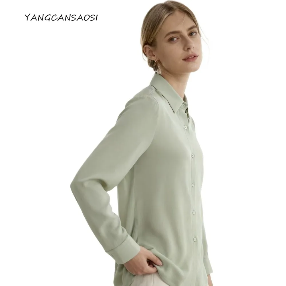 Women's Fashion Clothing 23MM Heavy 100% Natural Mulberry Silk Crepe De Chine Lapel Grey Green OL Style Long Sleeve Office Shirt