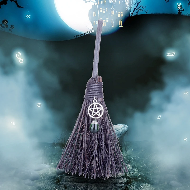 Witch Magic Tool Broom Crystal Point Aura Quartz Coated Rainbow Stones Fairy Brooms Pentagram Table Crystals Cleanse Tools