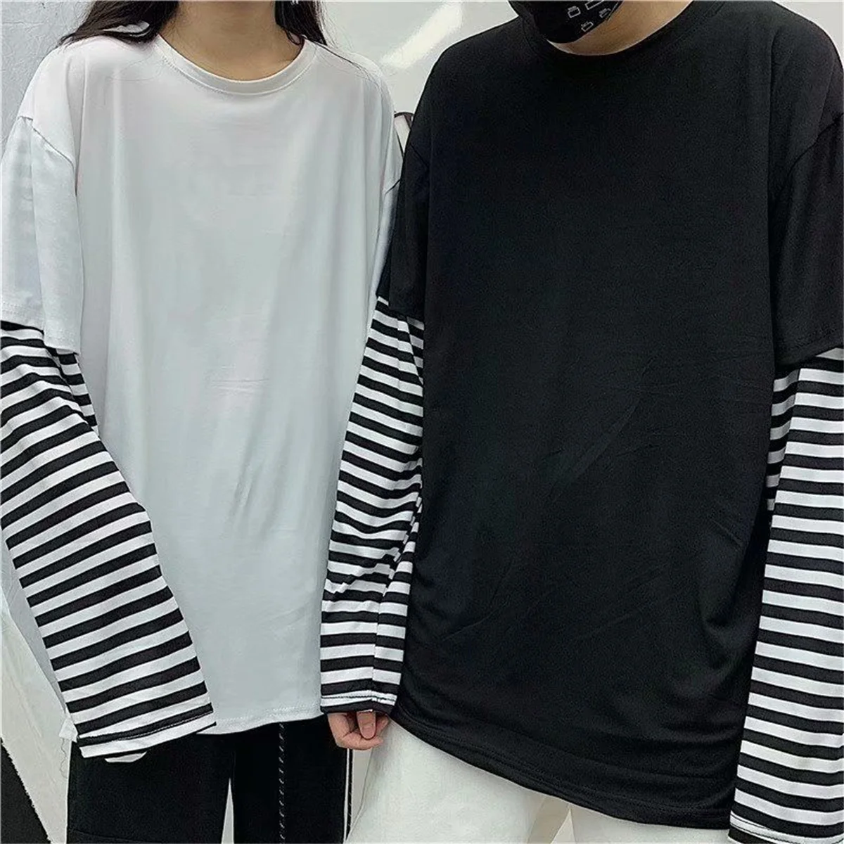 زوجين مخطط المرقعة تي شيرت الرجال النساء الخريف بلايز الأولاد الصلبة طويلة الأكمام تي شيرت موضة اليابانية القوطية اليابان تي شيرت