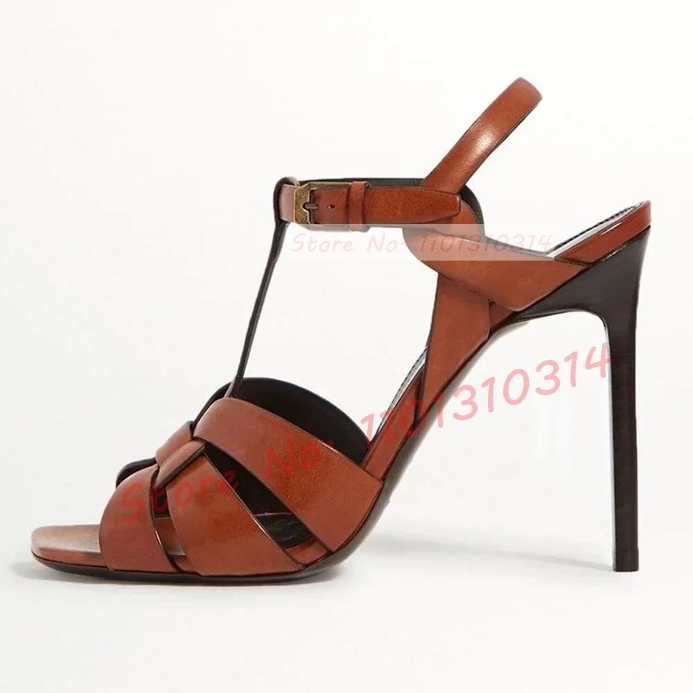 

Сандалии из натуральной кожи с Т-образным ремешком, классические туфли на шпильке, с открытым квадратным носком, элегантные туфли с ремешком на щиколотке, цвет коричневый