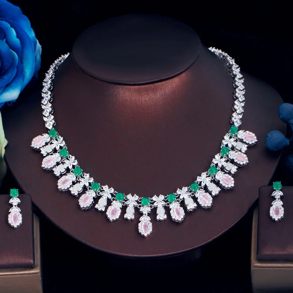 ThreeGraces Elegant Pink Green Zirconia Leaf Shape Wedding Tassel Necklace and Earrings Bridal Party Jewelry Set for Women TZ783