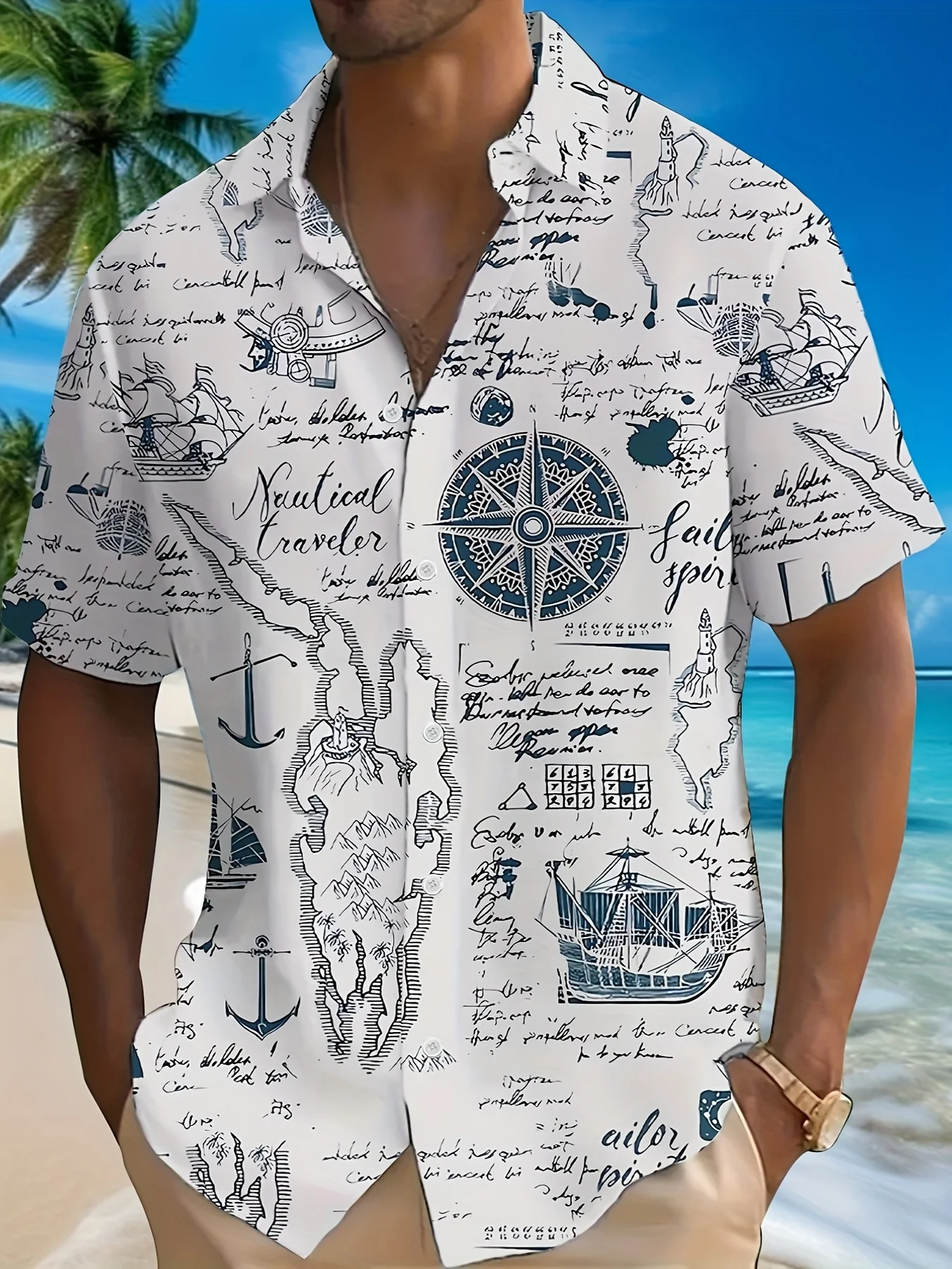

Retro Nautical Theme Pattern Print Enhanced Men's Casual Short-sleeved Shirt Outdoor Breathable and Fashionable Shirt T-shirt