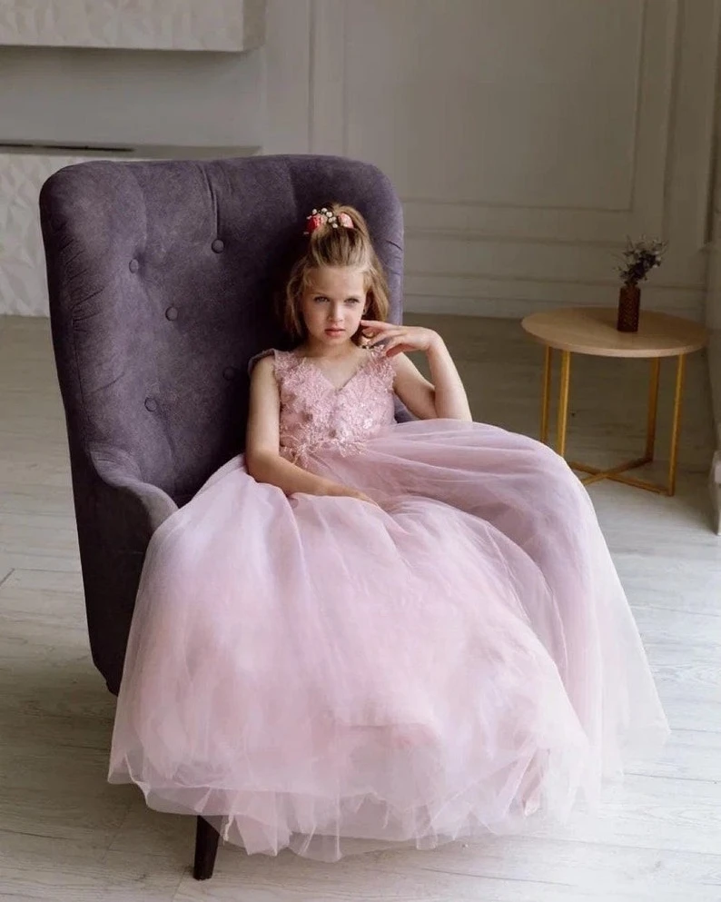 

Princess flower girl dress Pink dress for baby Junior bridesmaid dresses Tulle Tutu Lace Long dress girl dresses for weddings