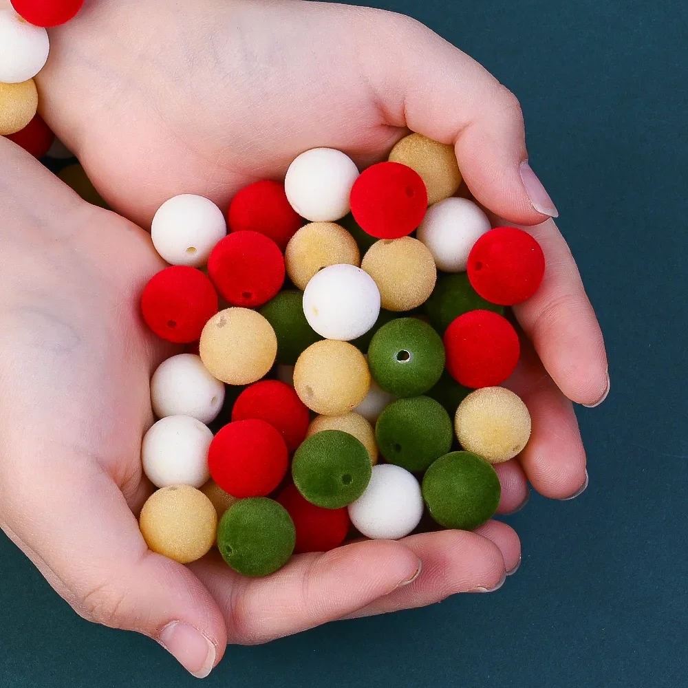 iYOE 10/20pcs 16mm Christmas Flocked Round Beads Red Green Yellow White Velvet Spacer for DIY Jewelry Making Bracelet Craft