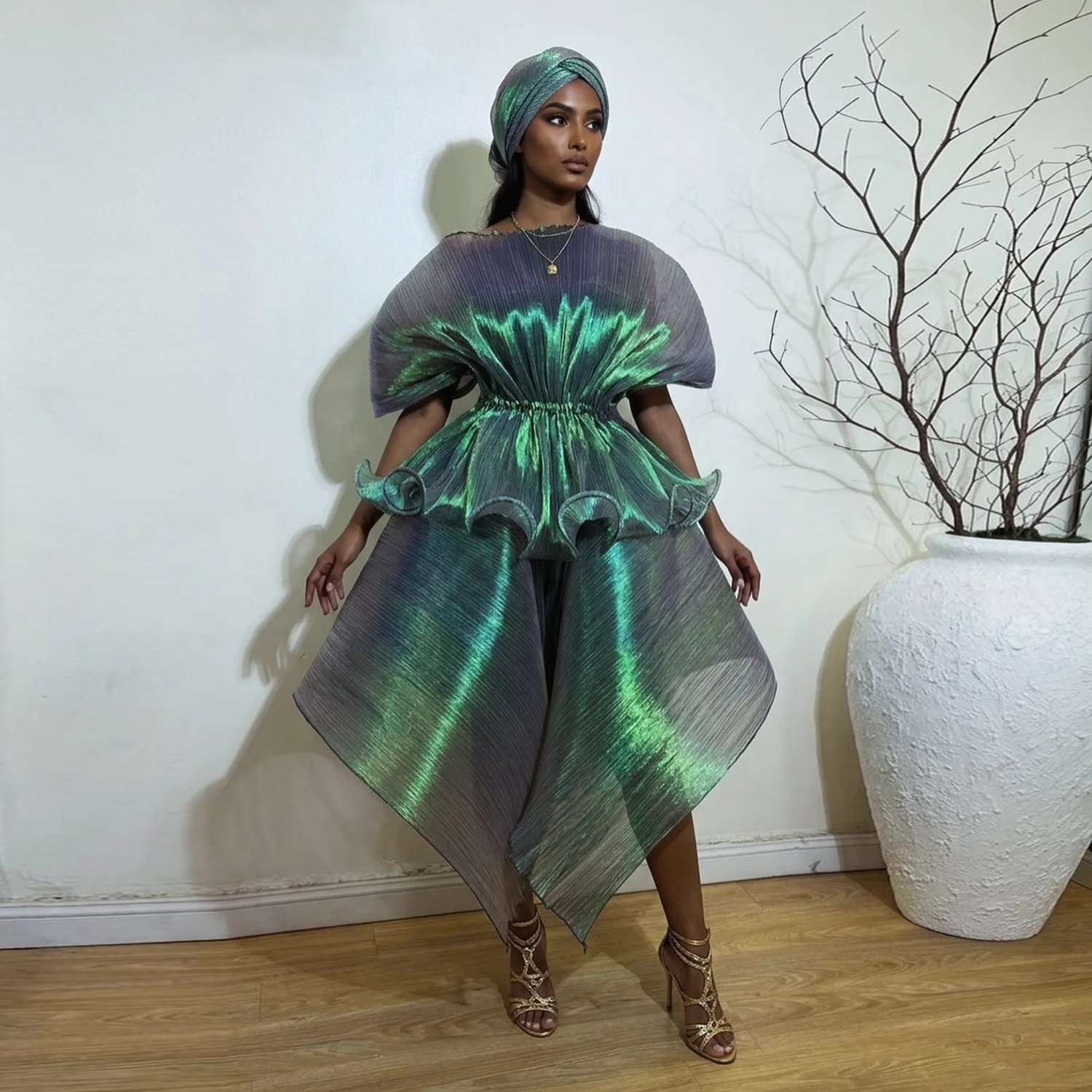 

Chic Iridescent Green Abaya Dress Pleated Asymmetrical African Kaftan Dress Unique Black Women Formal Party Dresses Custom Made
